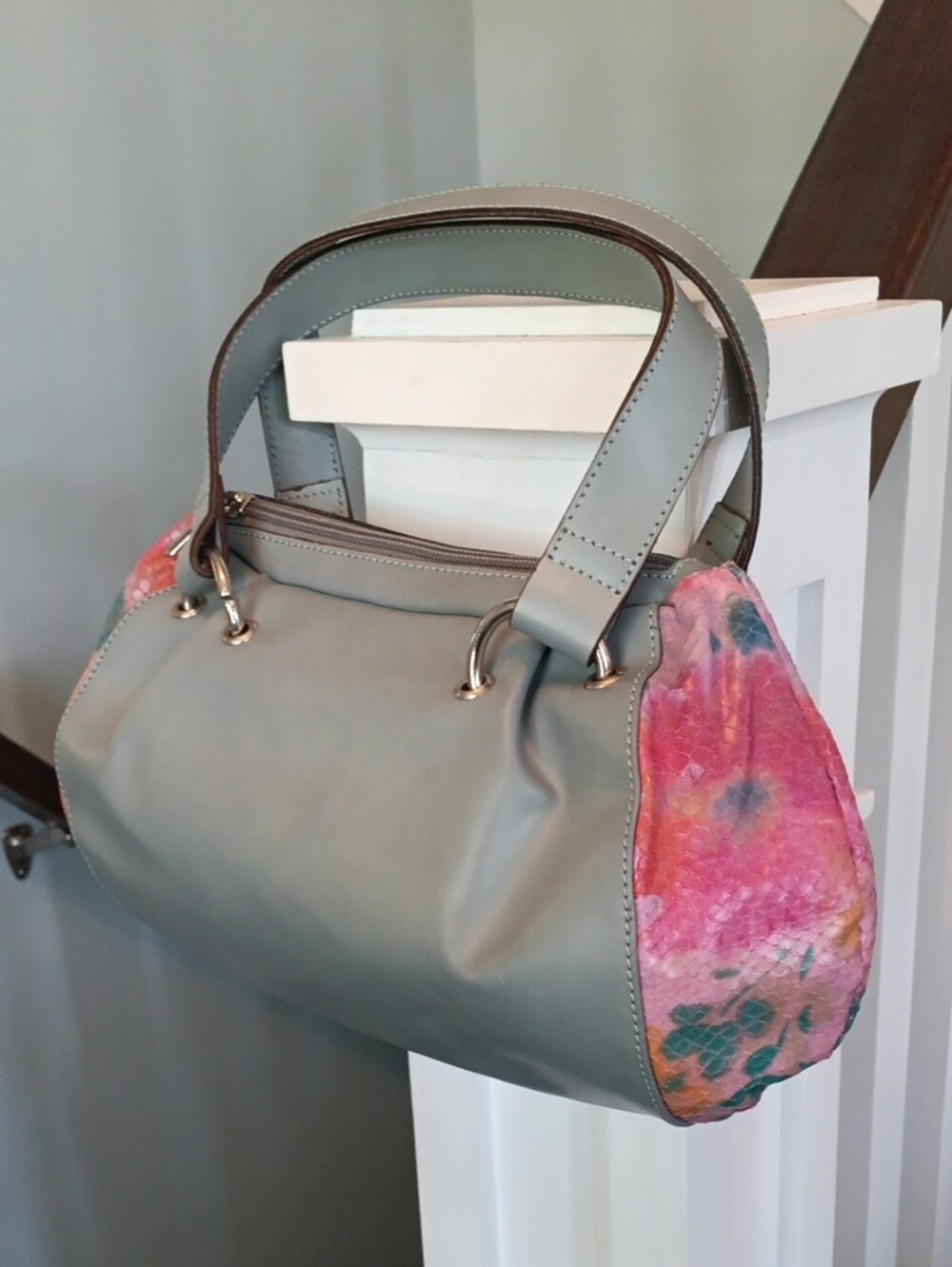& Vintage Italian Leather Blue Gray Handbag with Textured Leather Floral Accent
